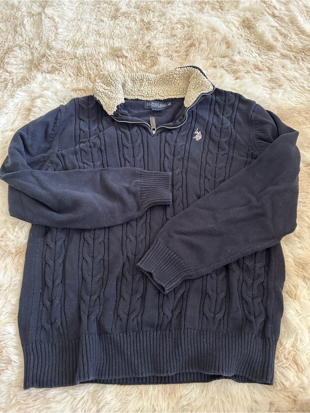 U.S. Polo Assn. Navy Cable-Knit Quarter Zip Sweater with Sherpa Collar